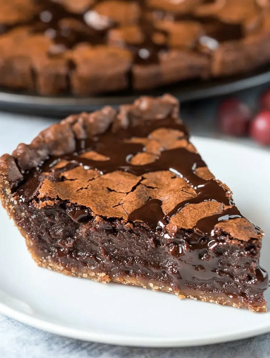 A slice of chocolate pie on a white plate.