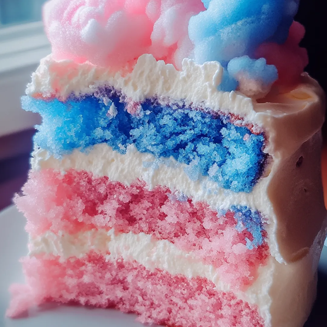 A piece of pastel cake topped with pink, blue, and white icing.