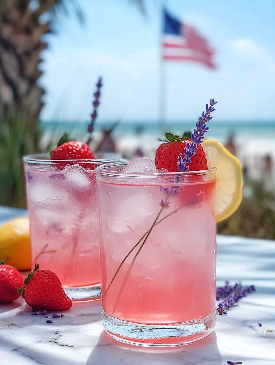 Strawberries and lavender in two pink lemonade glasses.