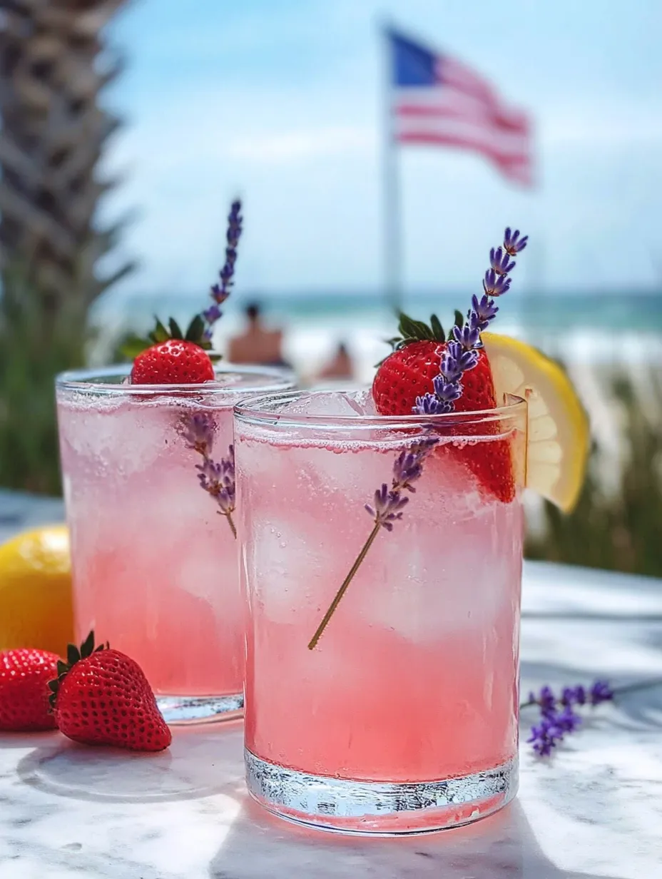Two cups filled with bright pink lemonade and topped with strawberries and lavender sprigs.