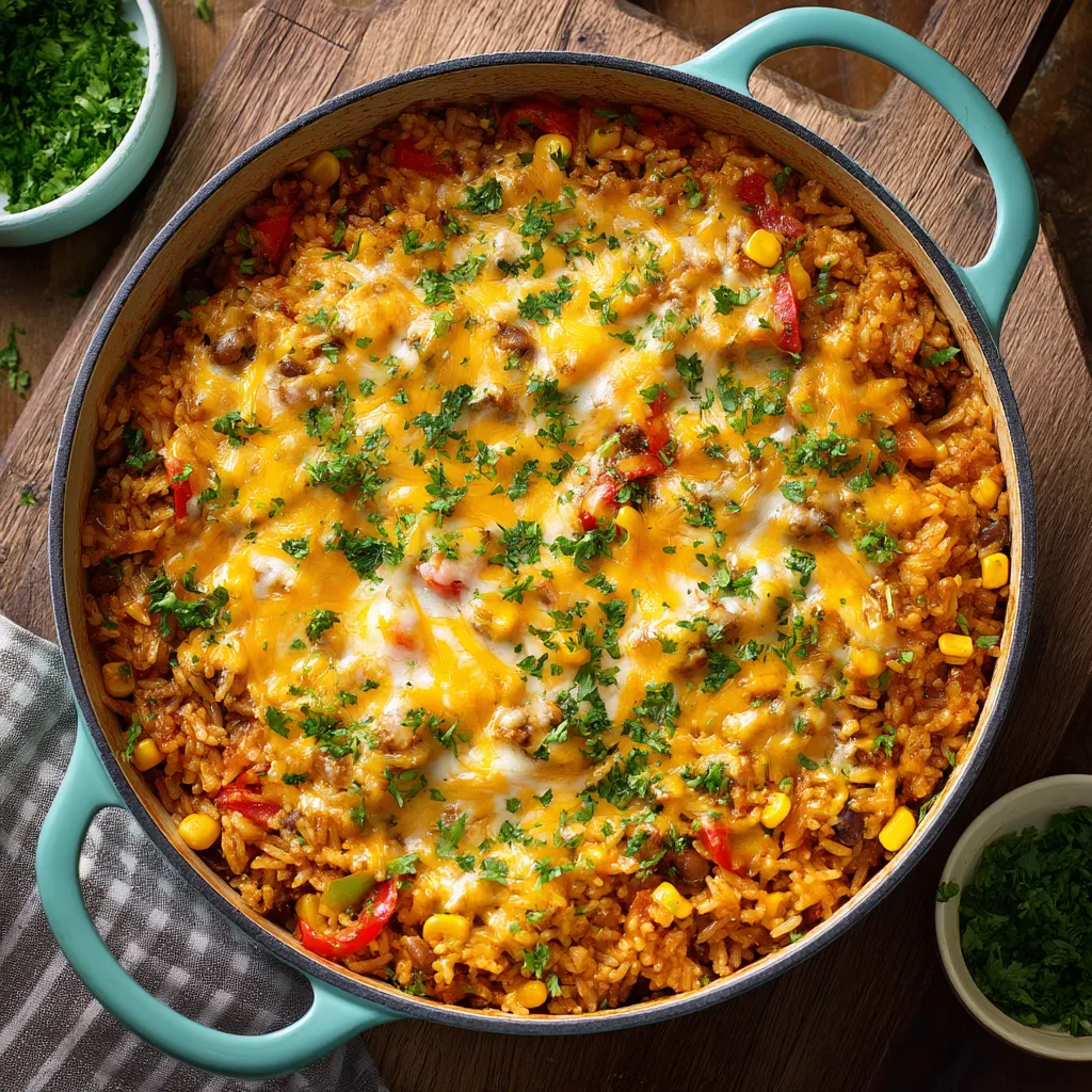 Big pot of cheesy rice with bell peppers and veggies.