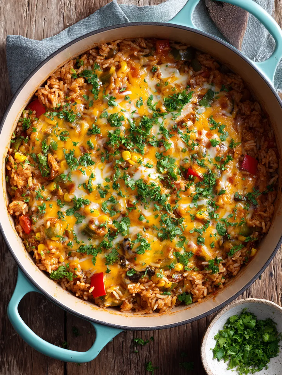 A pot of rice with vegetables and cheese.