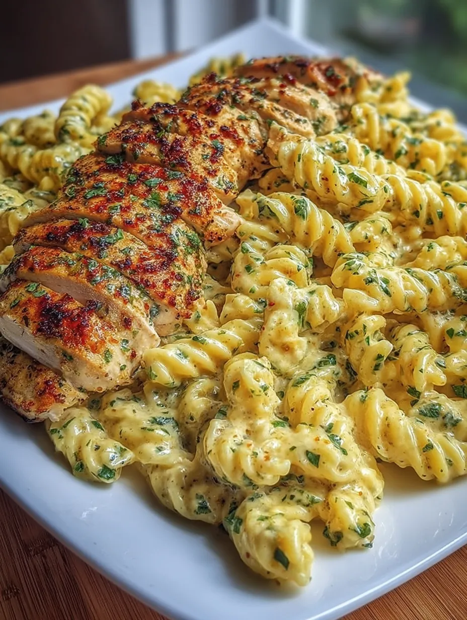 A plate stacked with pasta, chicken, and some green broccoli.