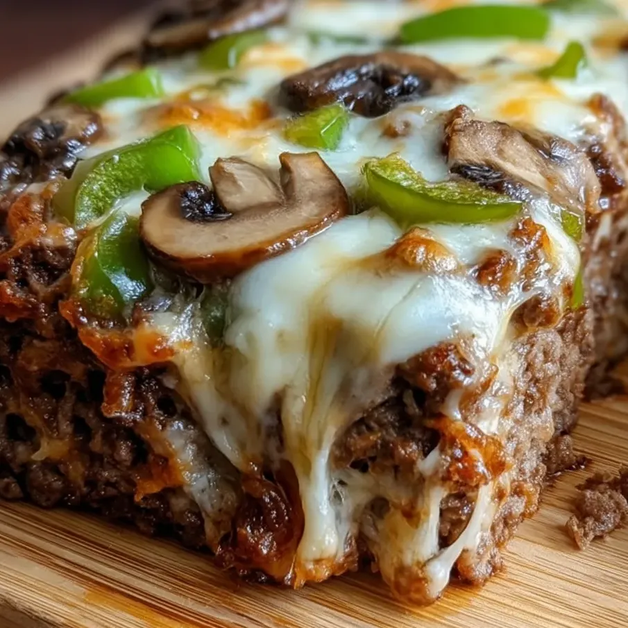 Meat slice topped with peppers and mushrooms.