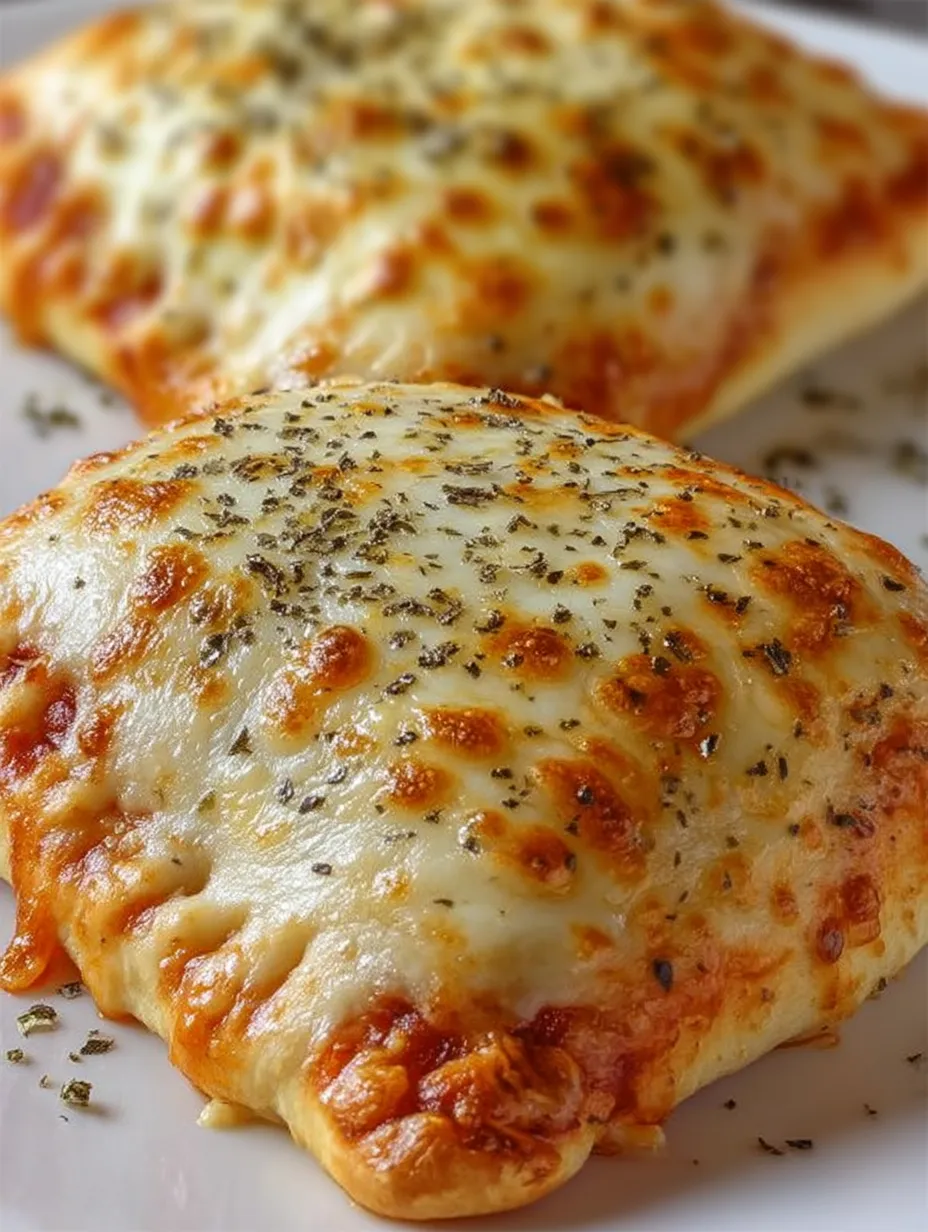 Two cheesy pizza pockets on a white dish.