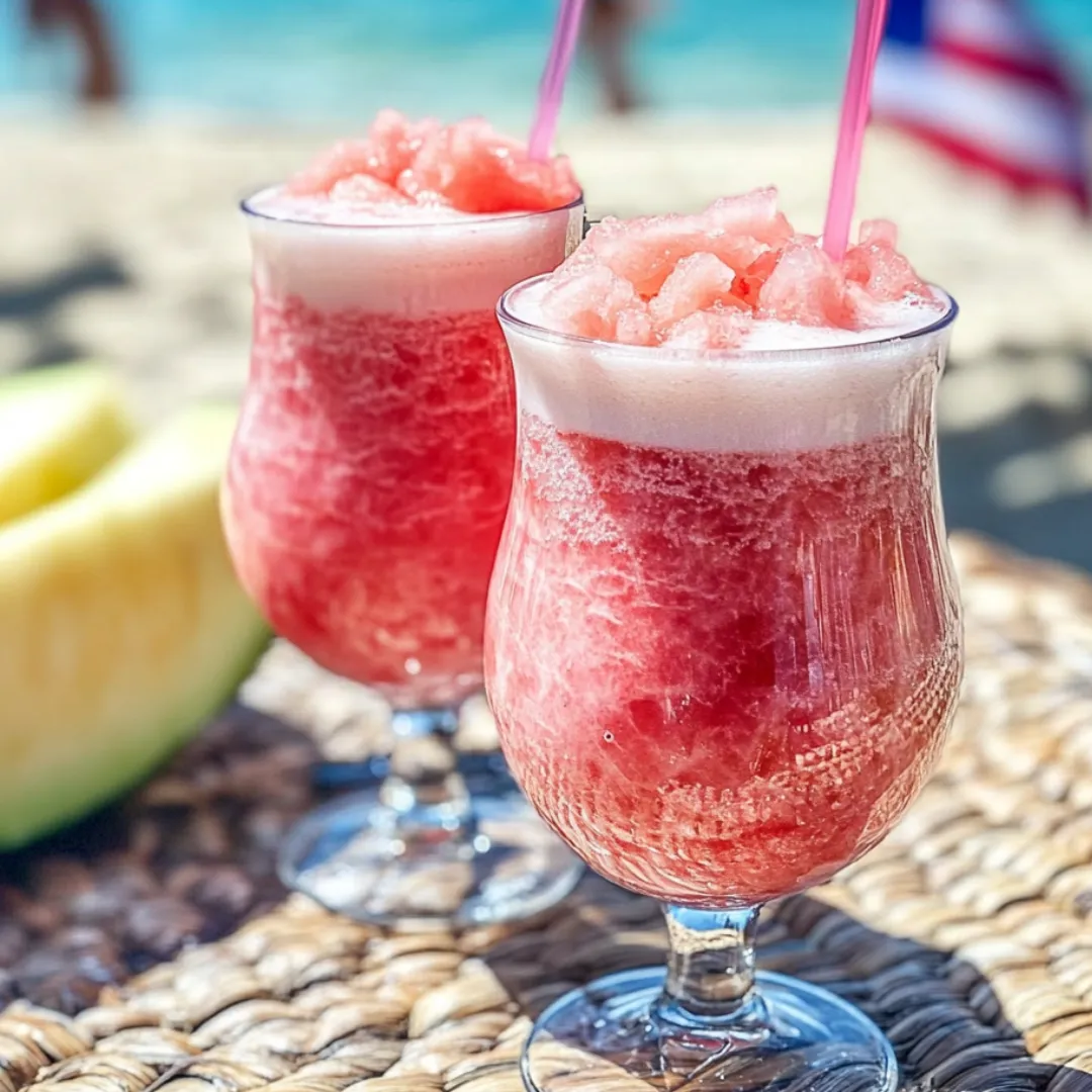 Two glasses of pink drinks on a table.