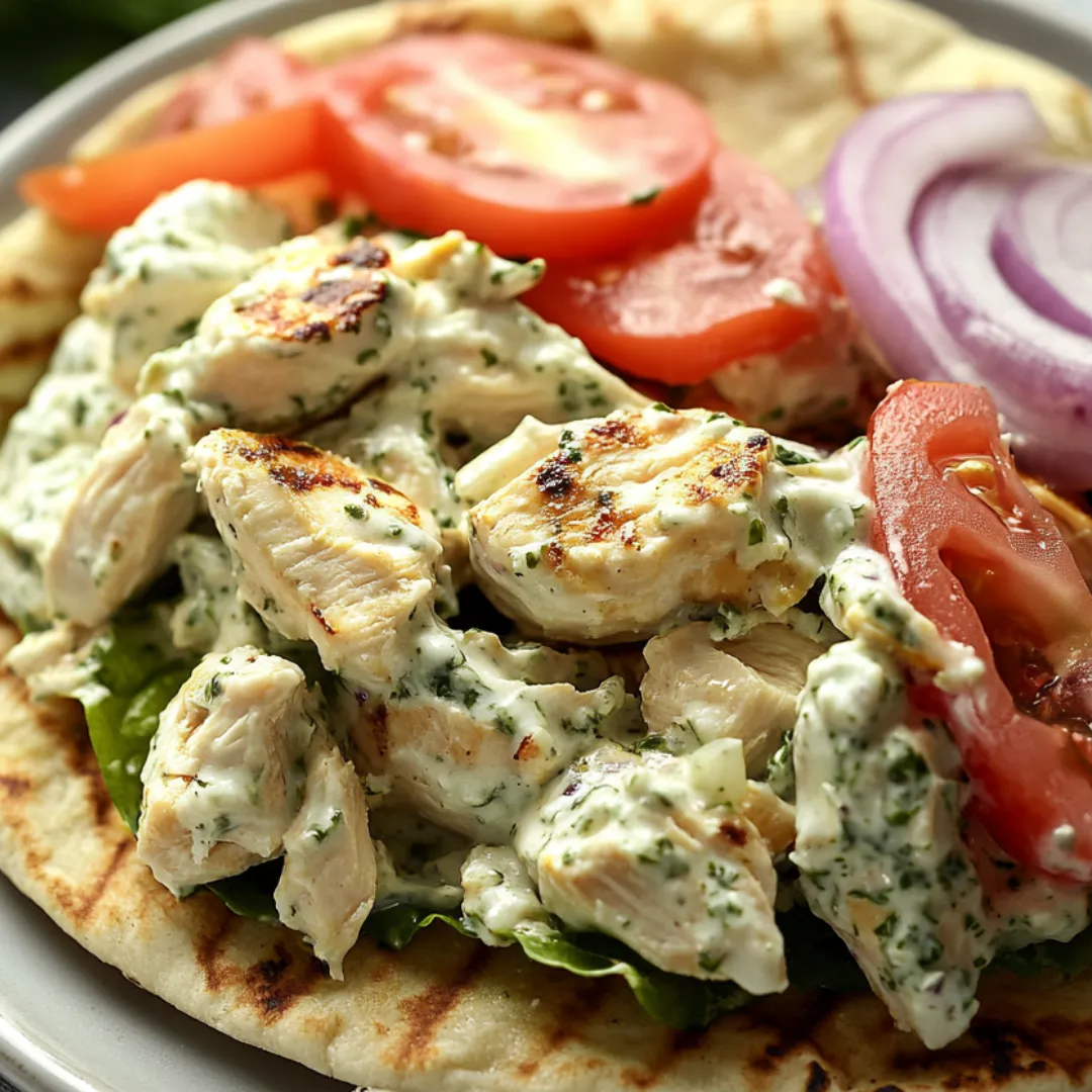 Chicken, tomatoes, onions, and lettuce on a serving plate.