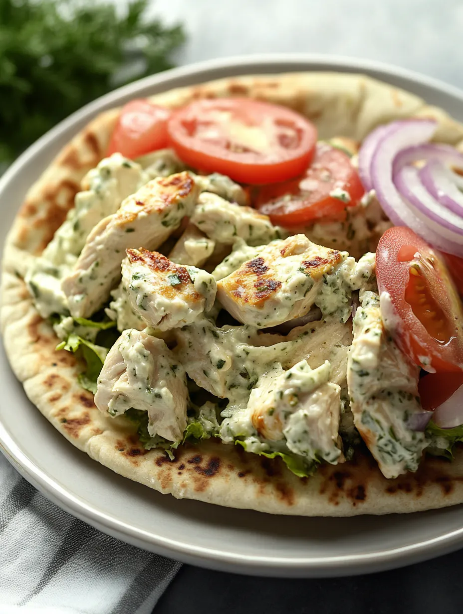 A plate with chicken, tomatoes, onions, and lettuce.