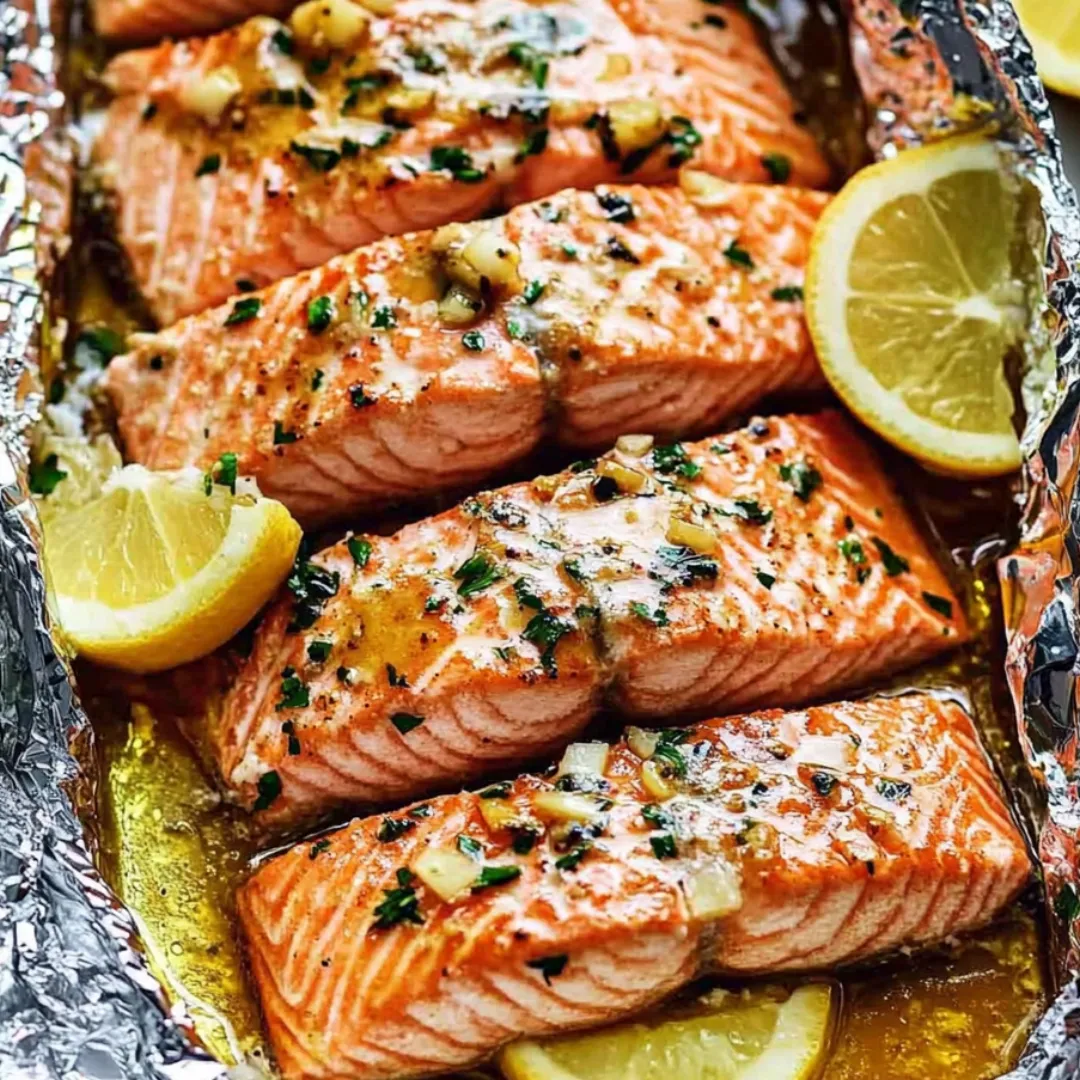 Salmon wrapped up in foil with lemon wheels on top.
