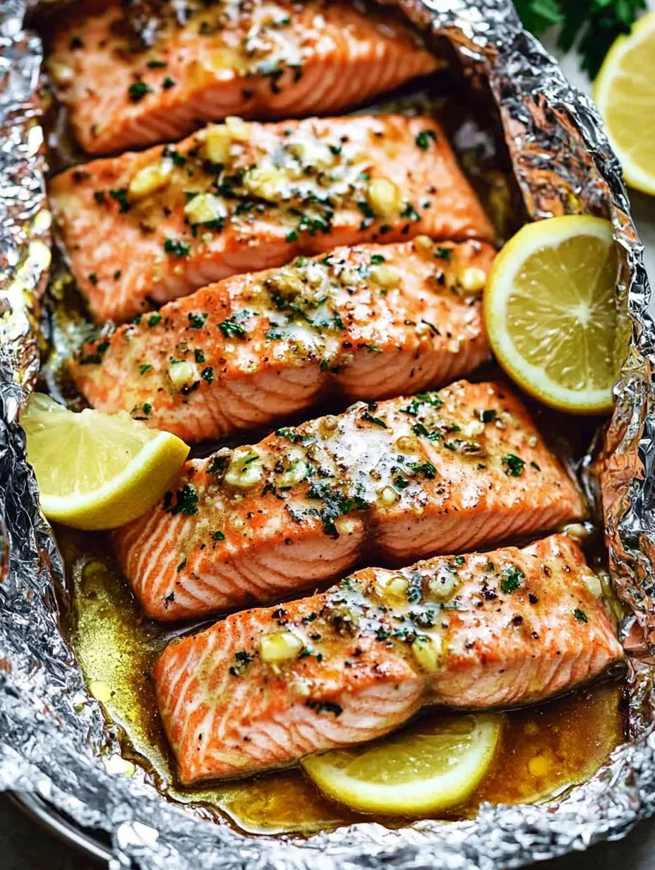 Juicy baked salmon with lemon slices on top, ready to eat.