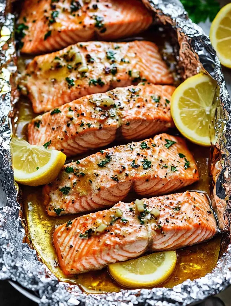 Salmon just baked in a tray, scattered with lemon slices.