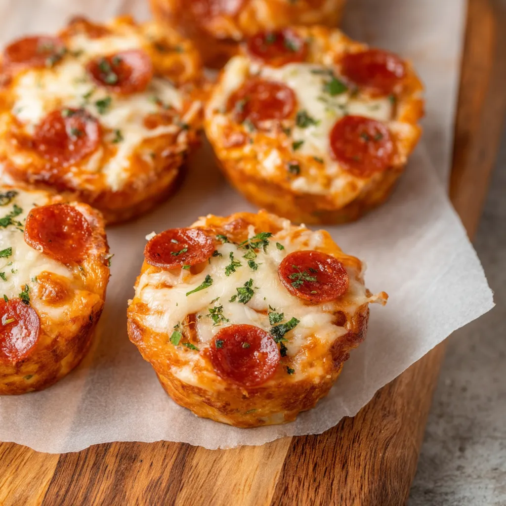 A wooden board topped with mini cheesy pepperoni pizzas.