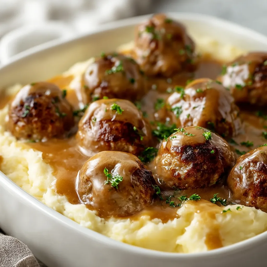 Meatballs with mashed potatoes and gravy in a bowl.