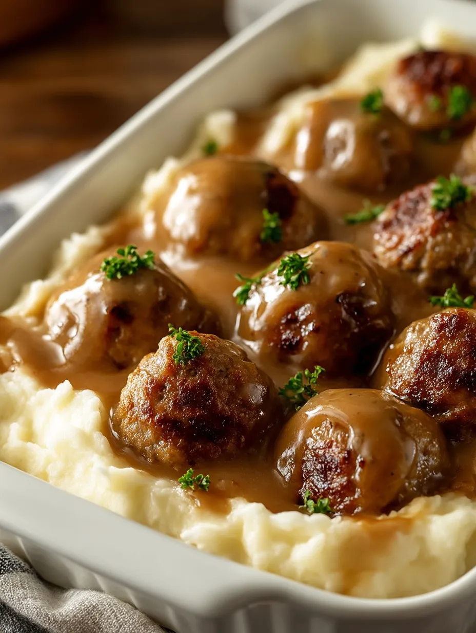 A plate of food with meatballs and gravy.