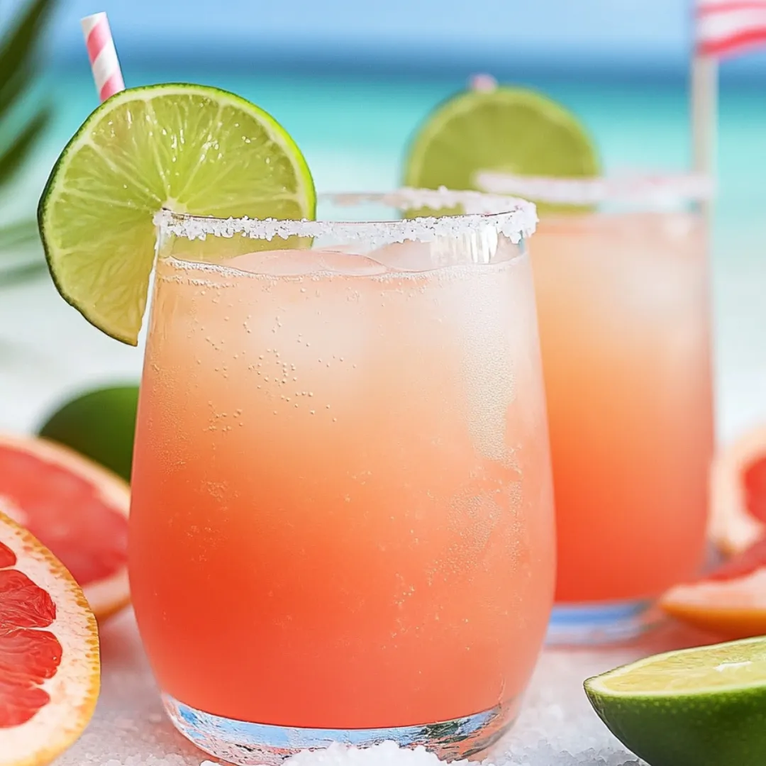 There are two glasses of pink sparkling drinks with lime and orange slices.
