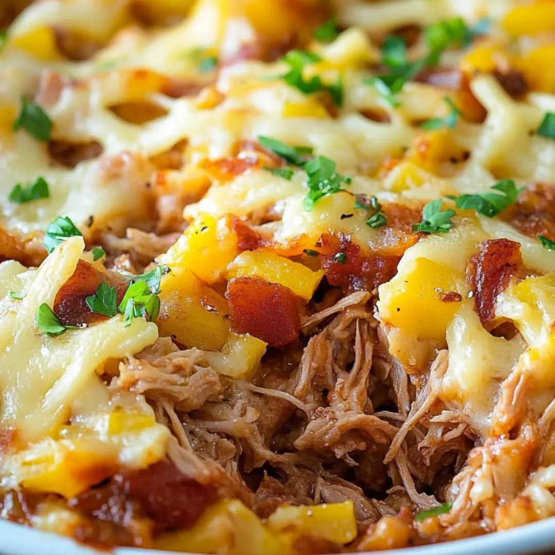 A plate of food piled high with cheesy pork and hashbrowns.