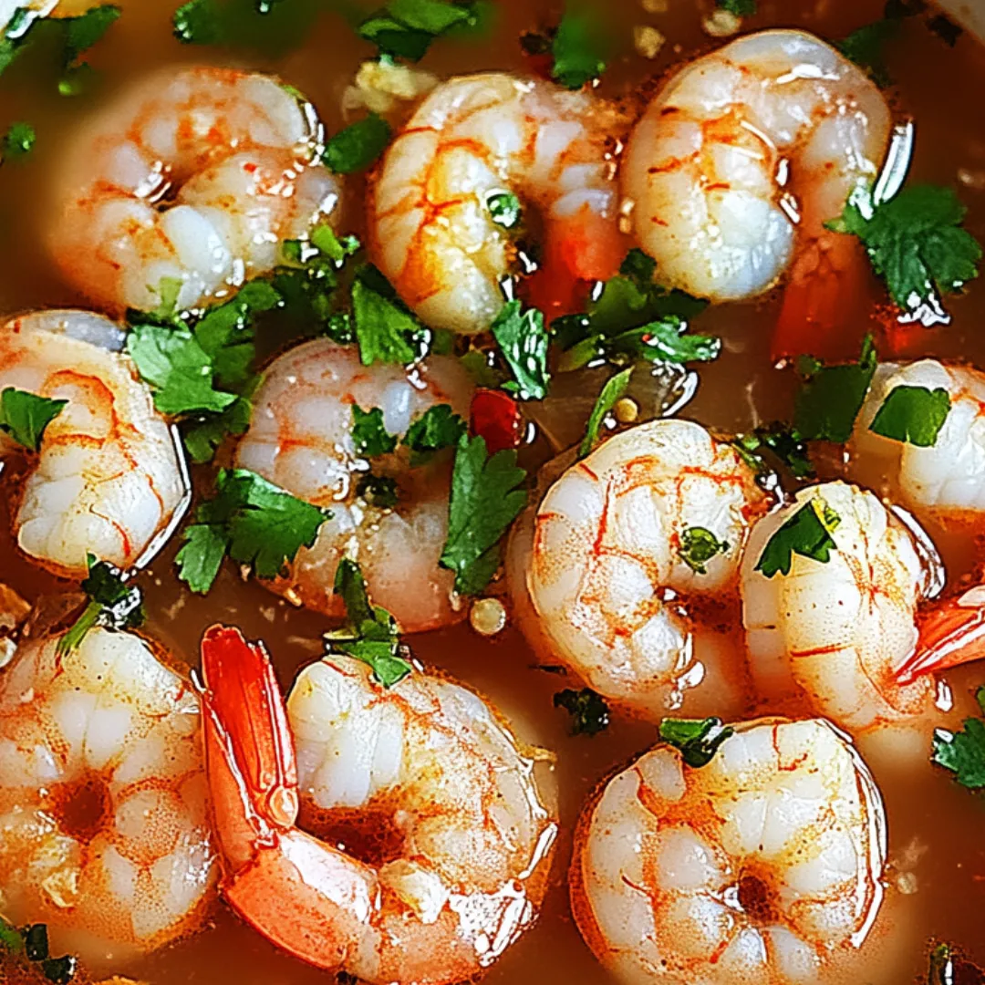 A bowl of shrimp sitting in a saucy broth.