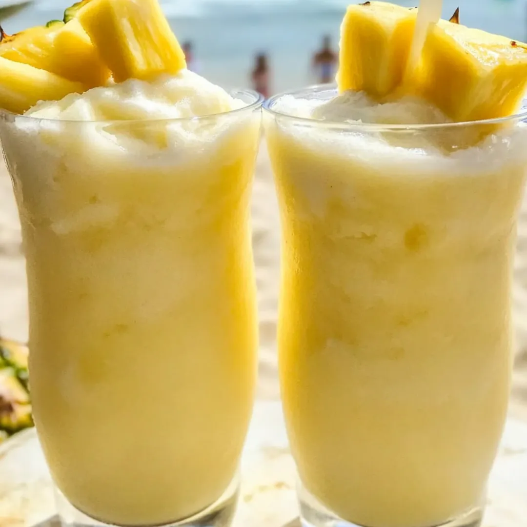 Pineapple juice poured into a pair of glasses.