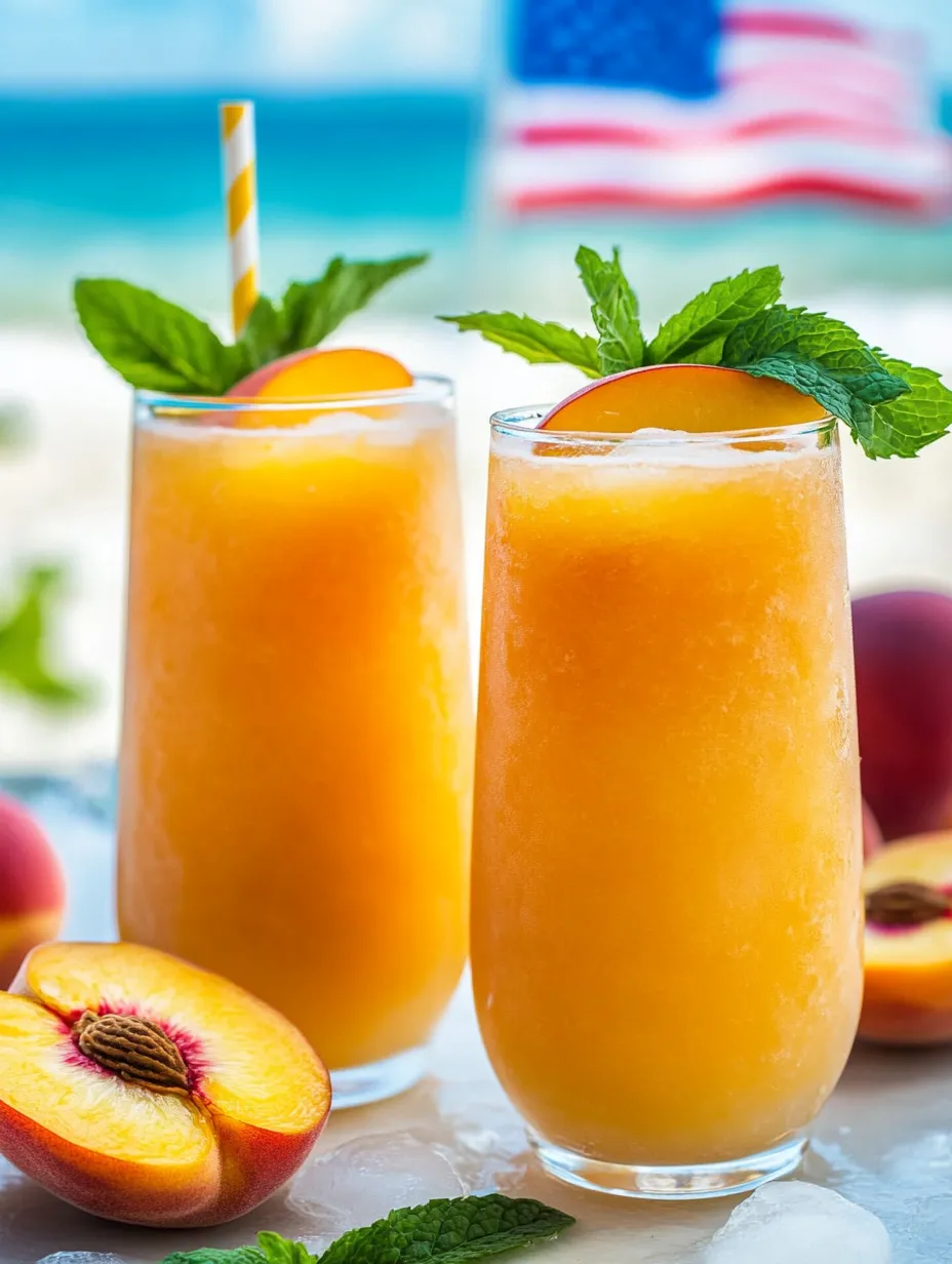 Glasses of peachy lemonade with fresh peaches around.