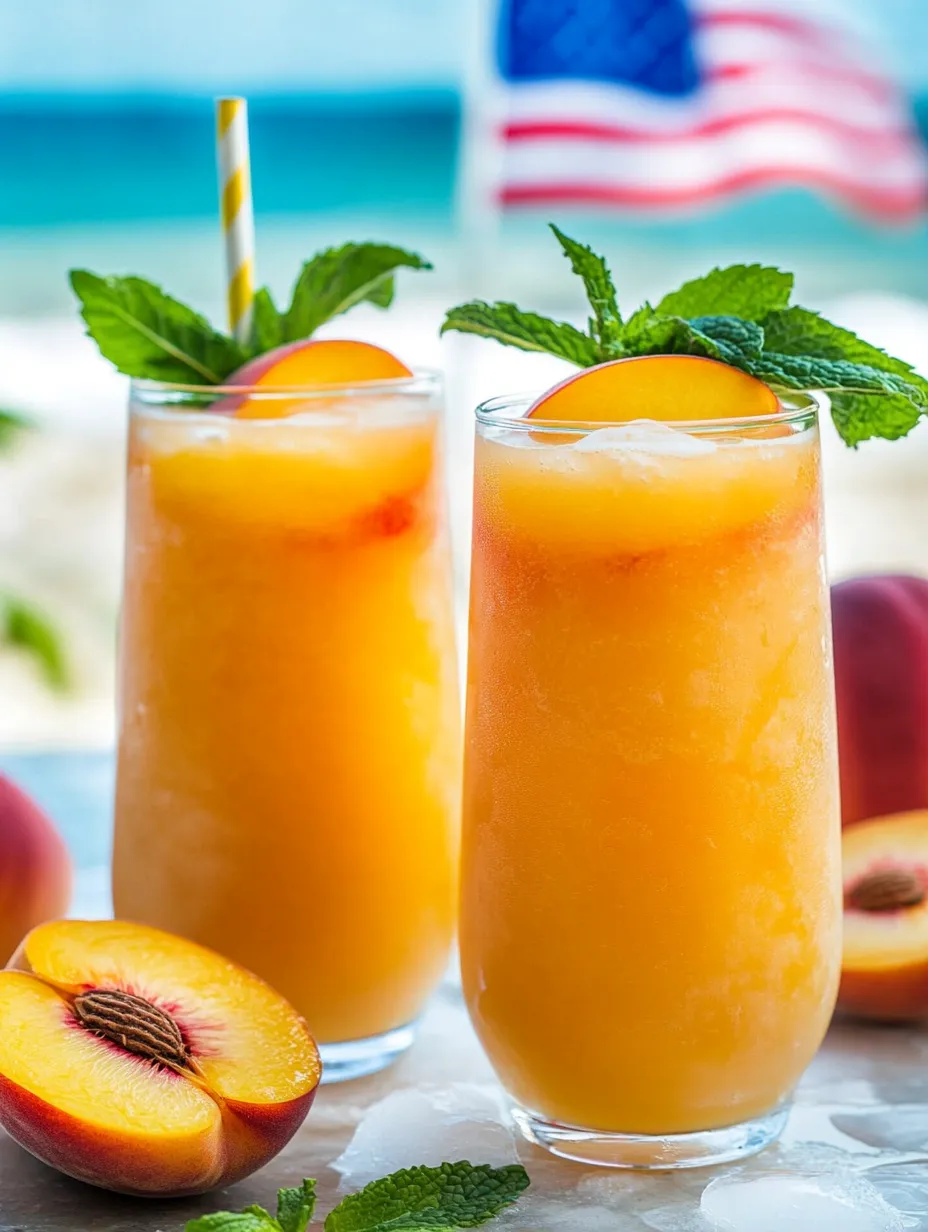 Glasses of peachy lemonade with a peach set behind.