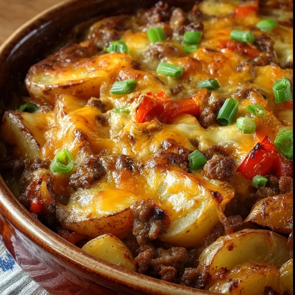 Potatoes and hamburger in a bowl with a golden crust.