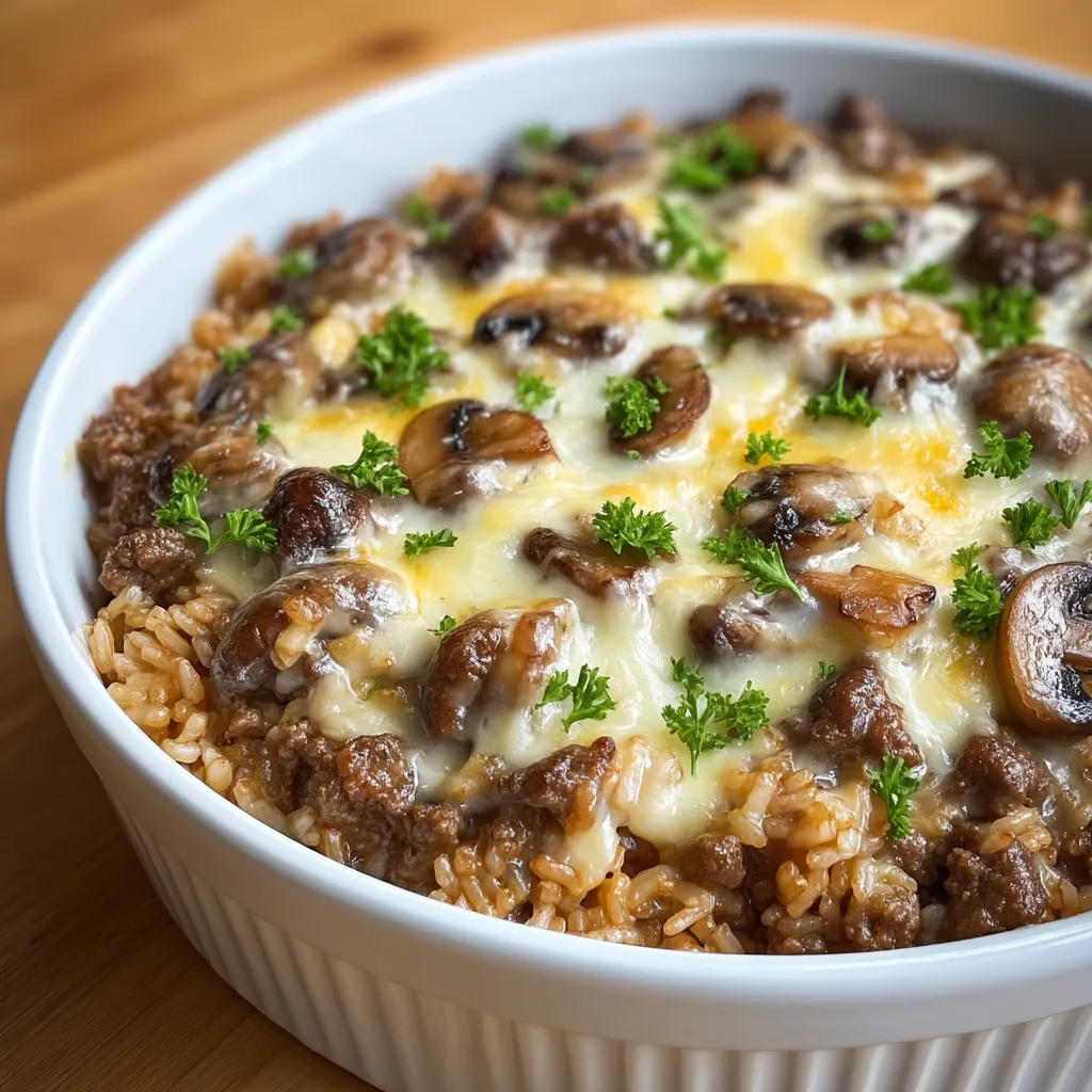 A bowl filled with cheesy mushroom beef rice and melted cheddar on top.