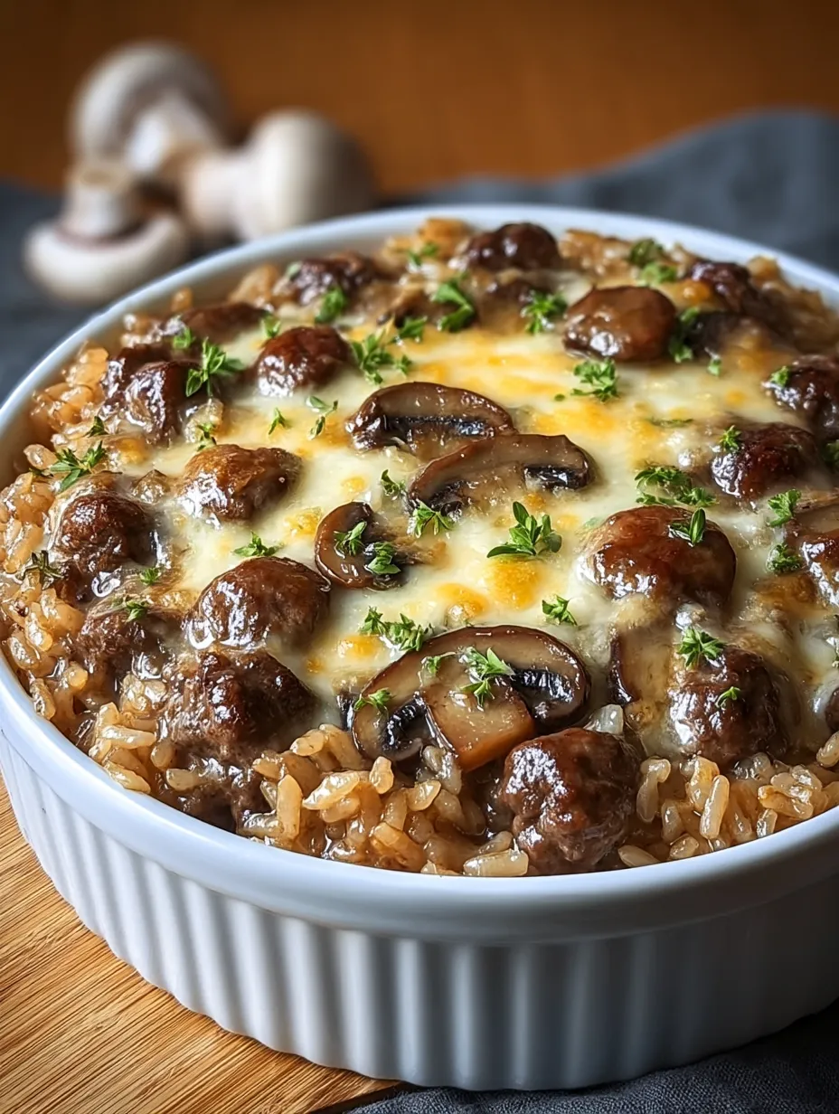 A bowl of rice with mushrooms and meat.