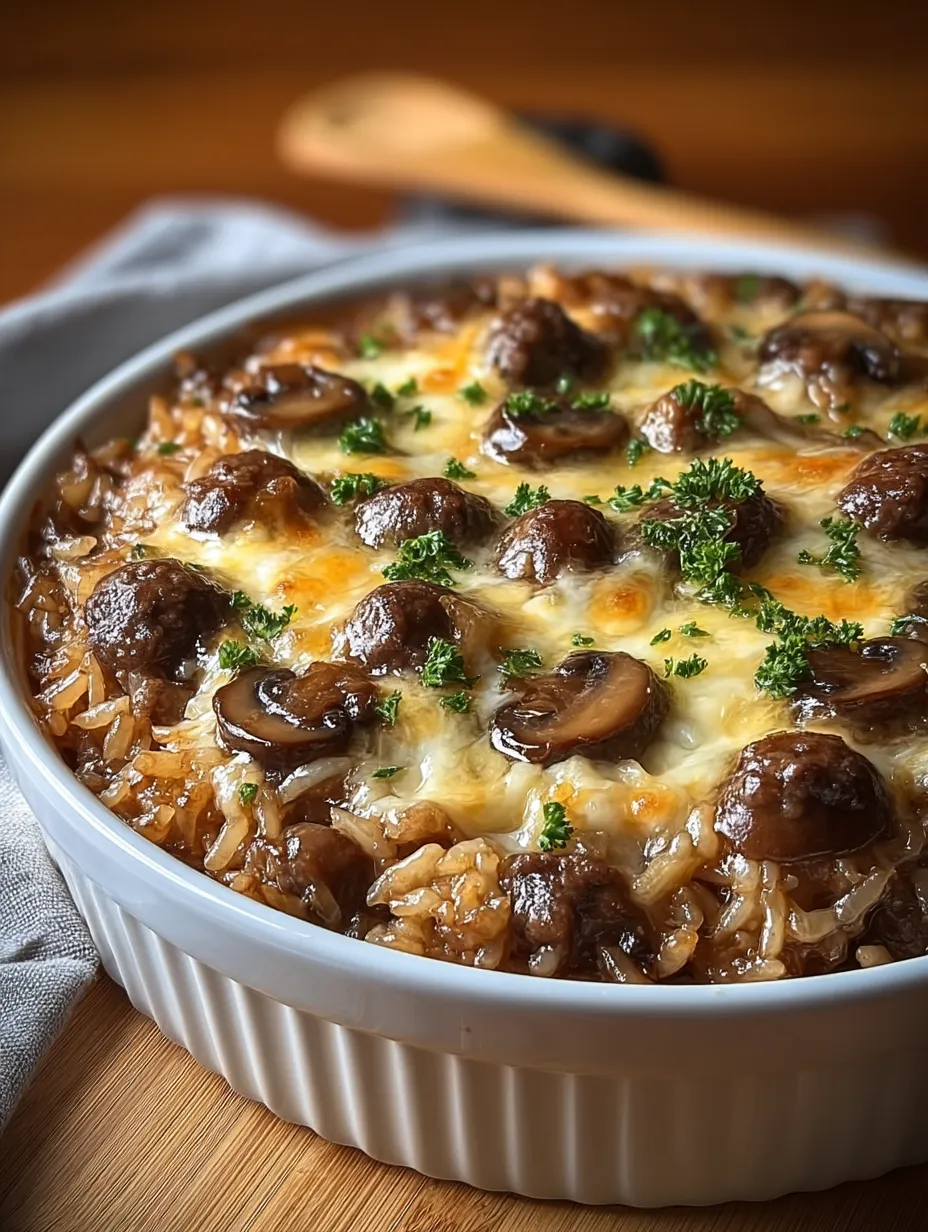 A white bowl filled with rice and mushrooms.