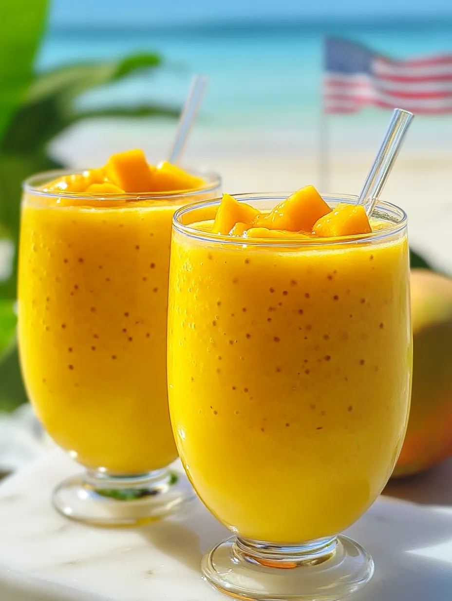 Two glasses of orange juice with chunks of fruit in them.