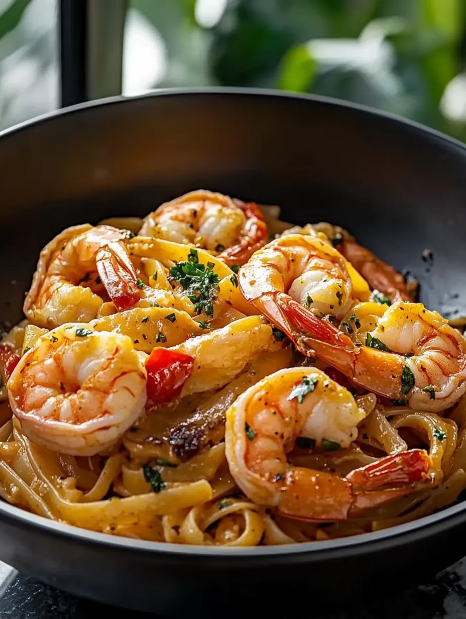 A bowl of shrimp and pasta.