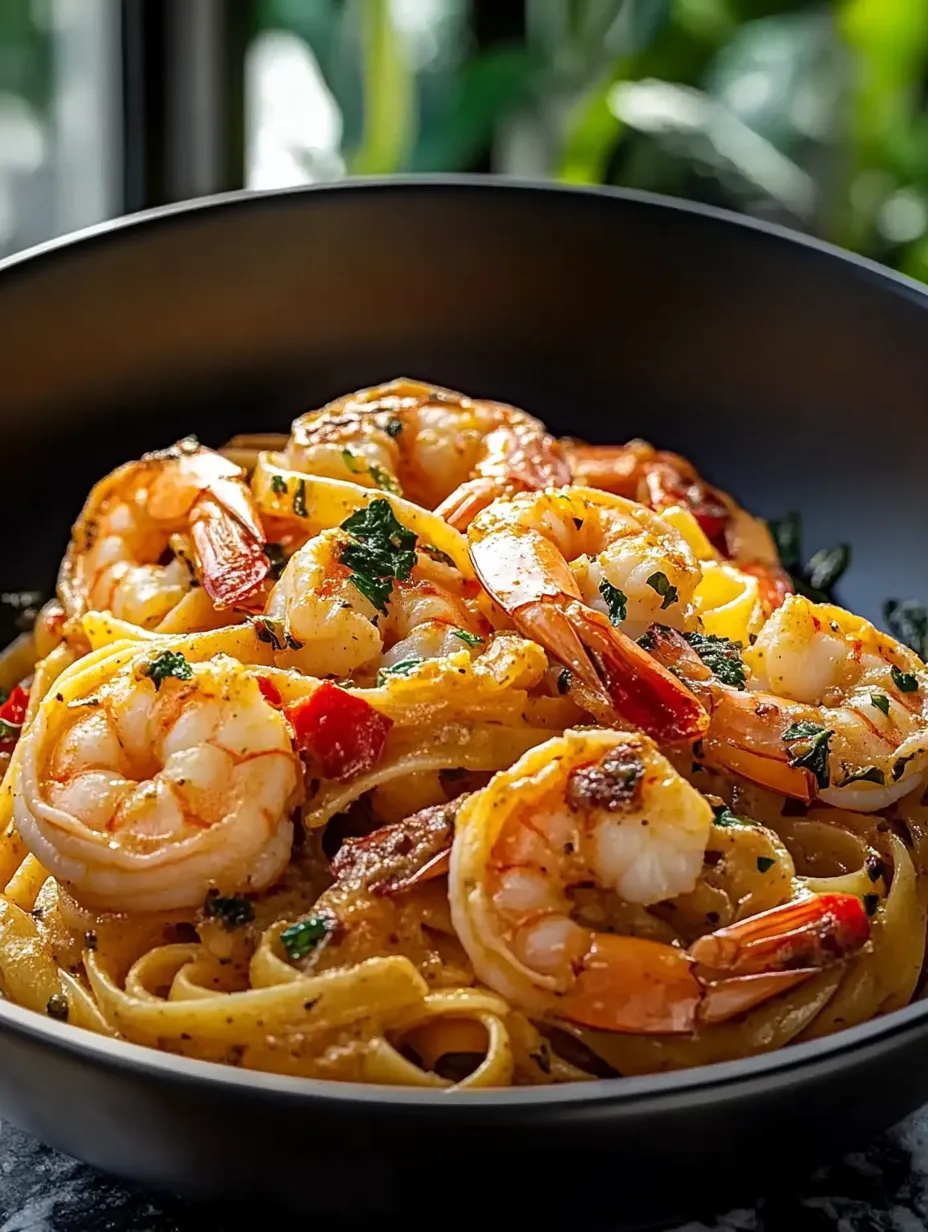 A bowl of shrimp and pasta.