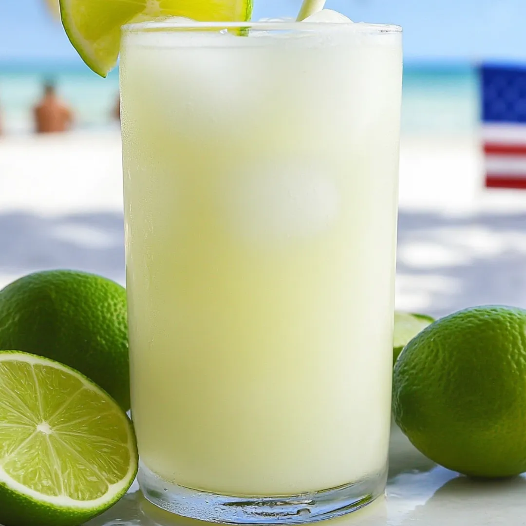 A chilled glass of creamy limeade with limes nearby.