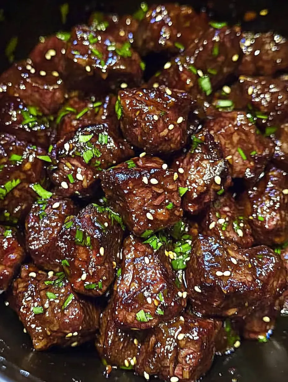 A serving bowl loaded with beef chunks and herbs on top.