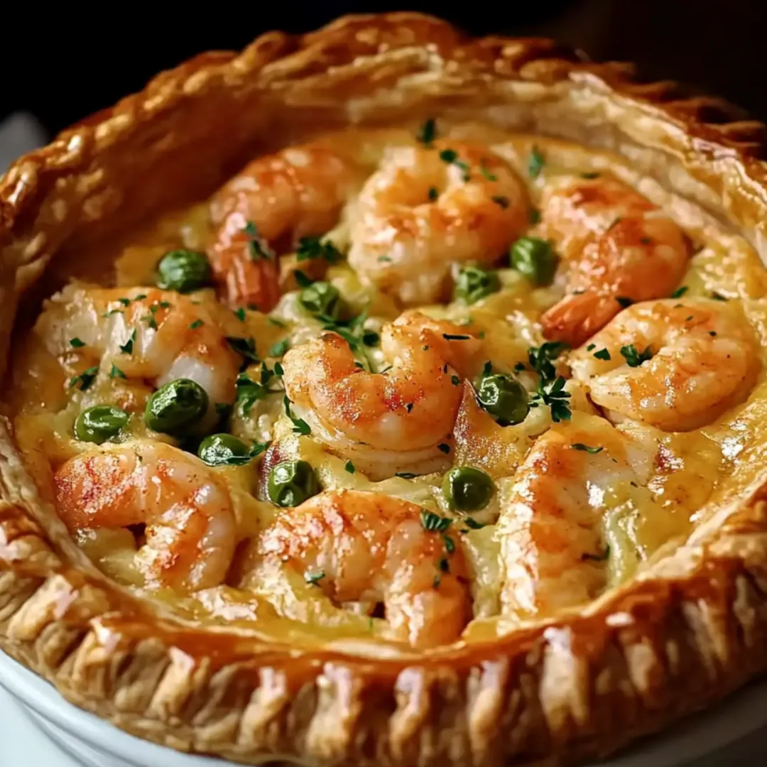 Buttery pie packed with shrimp and peas in a golden crust.