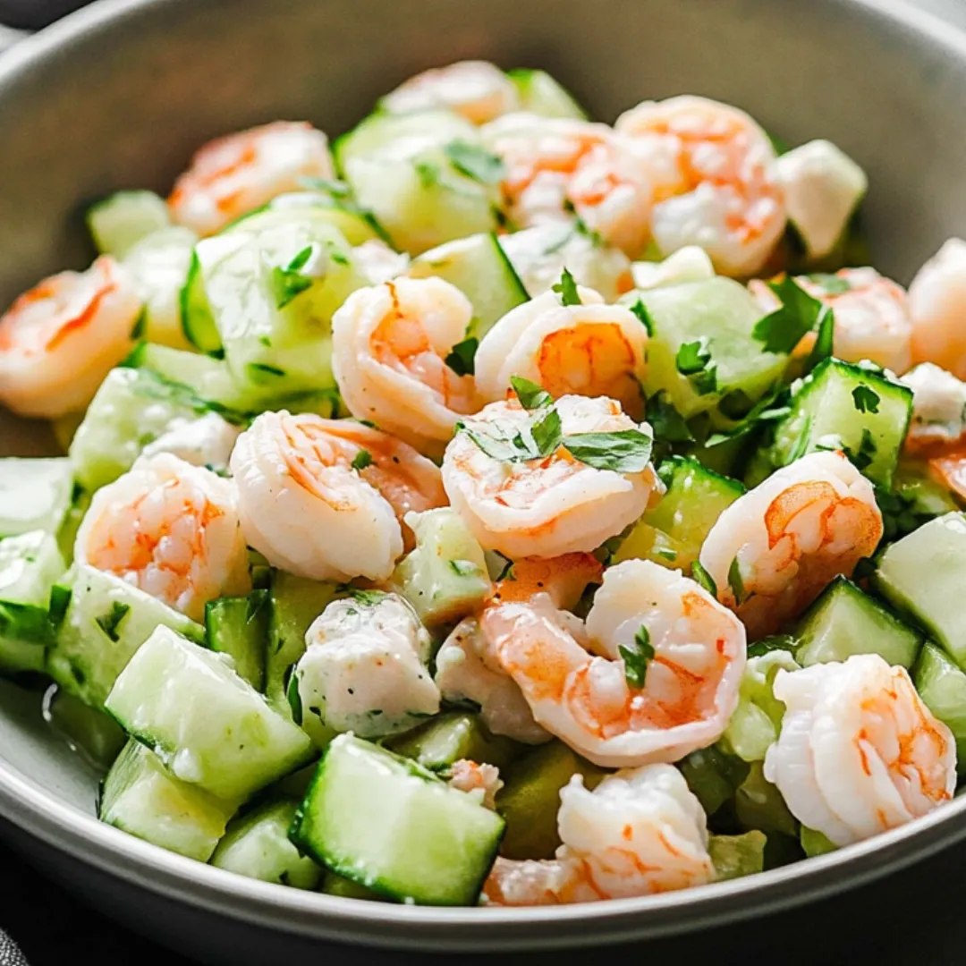 A bowl full of shrimp and cucumber mixed together.