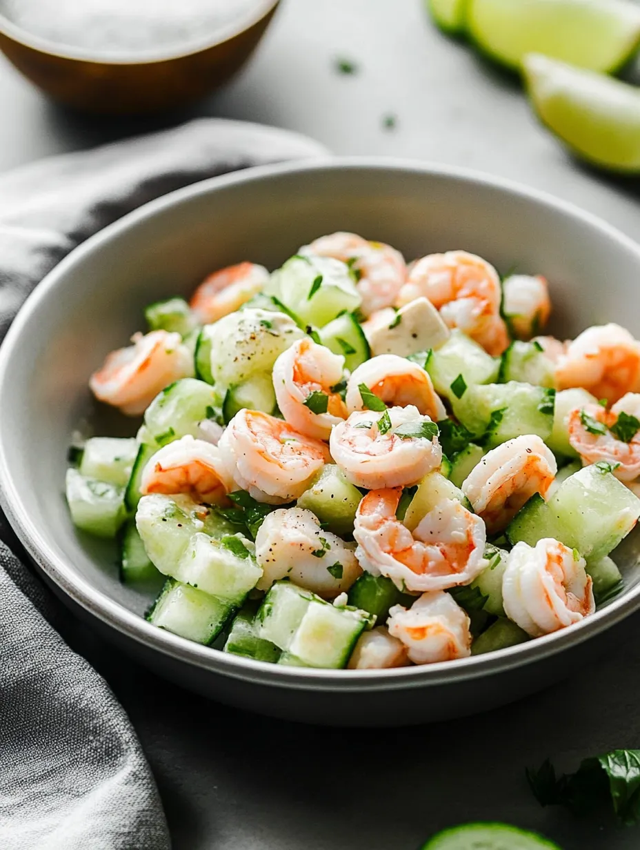 A bowl of shrimp and cucumber salad.