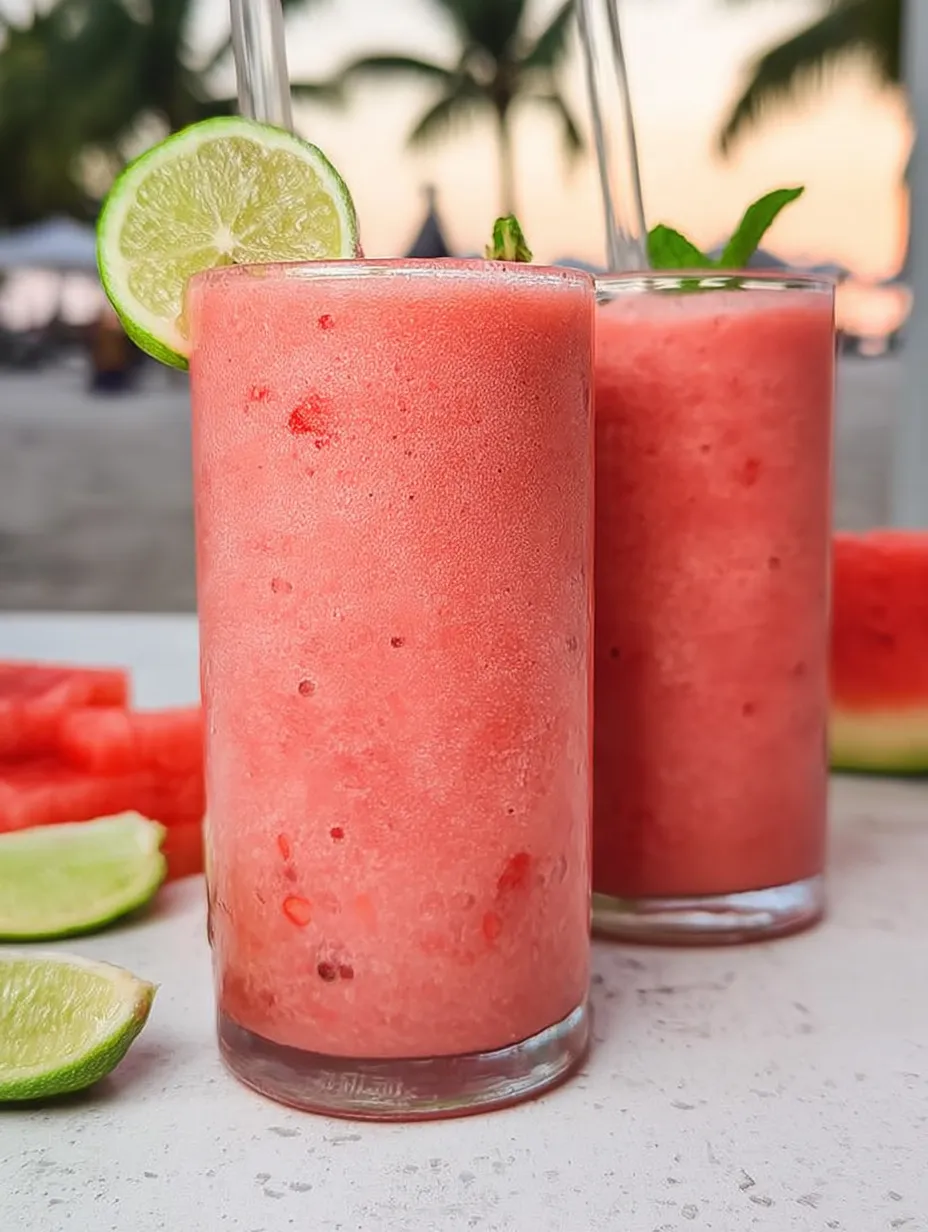 Two pink smoothies in glasses with limes on the table.