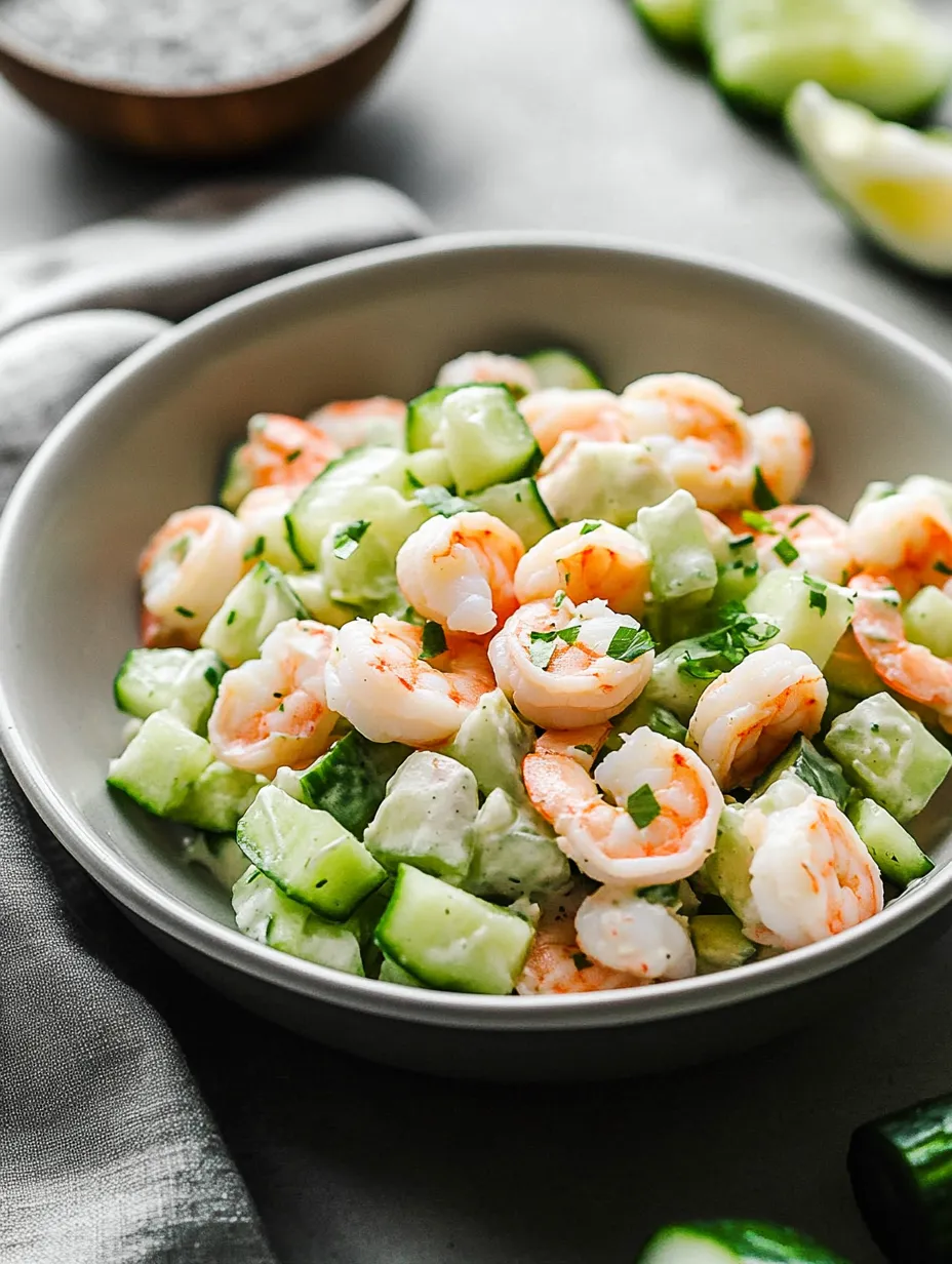 A bowl of shrimp and cucumber salad.