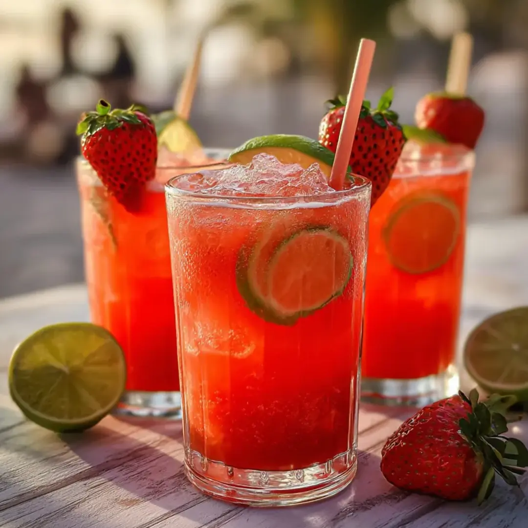 Two glasses filled with a bright strawberry-lime drink plus fruit slices.