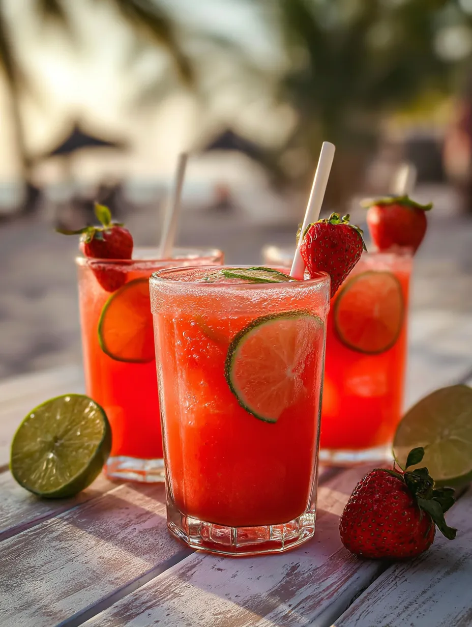 Three glasses packed with pink berry drinks, topped with strawberry and lime slices.