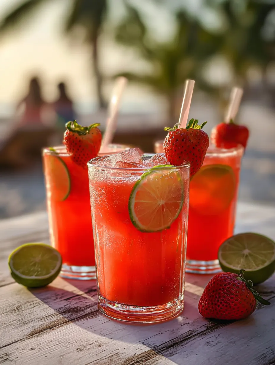 Tall glasses of strawberry punch with strawberry and lime for garnish.