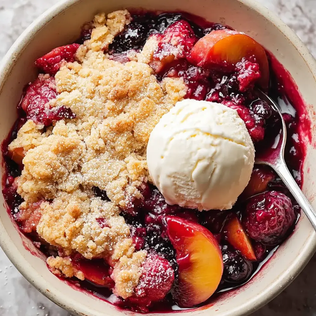 Bowl loaded with fruit and topped with melting ice cream.