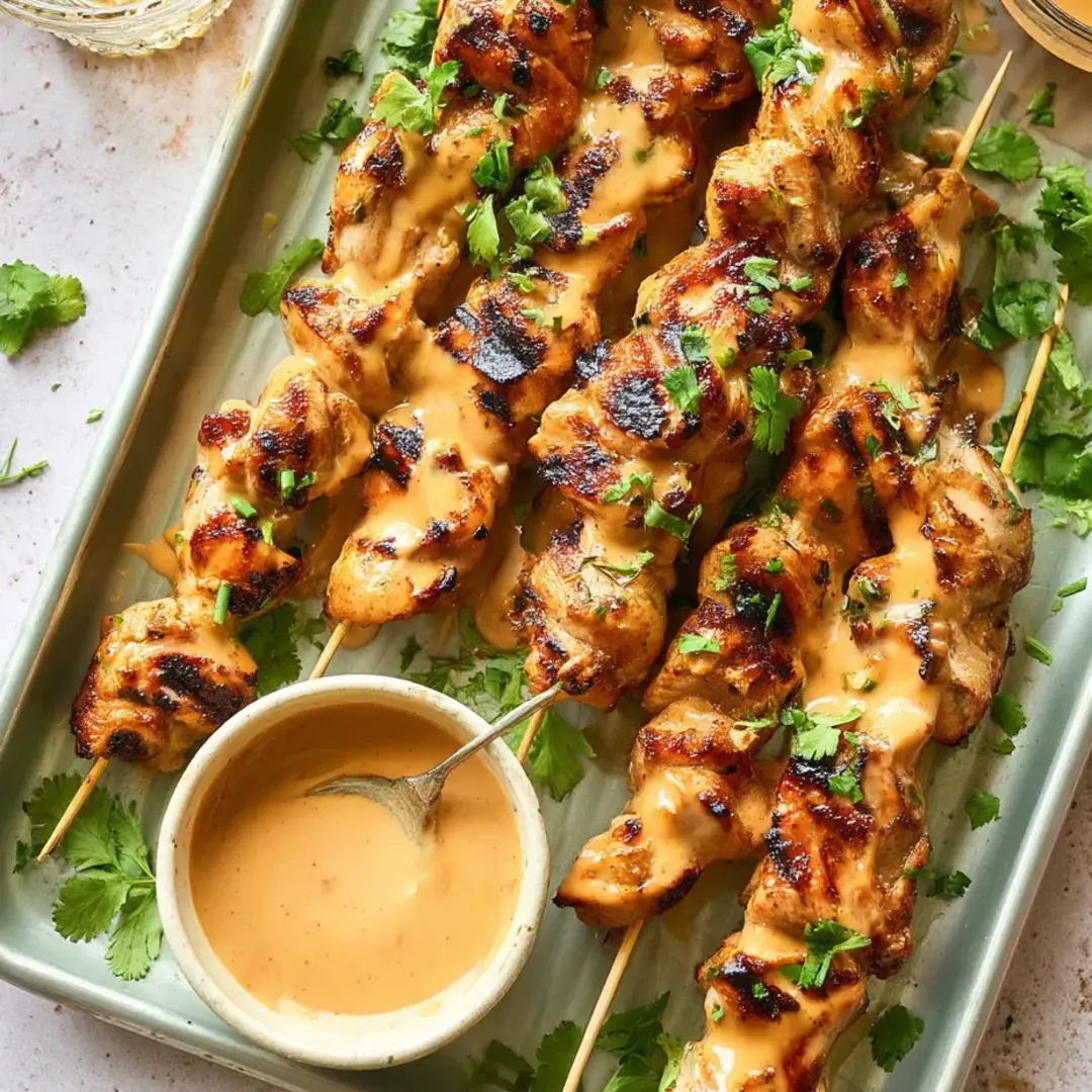 Tray full of chicken skewers with dipping sauce on the side.