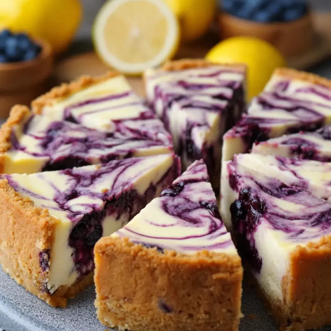 A plate with a thick slice of blueberry-lemon cheesecake.
