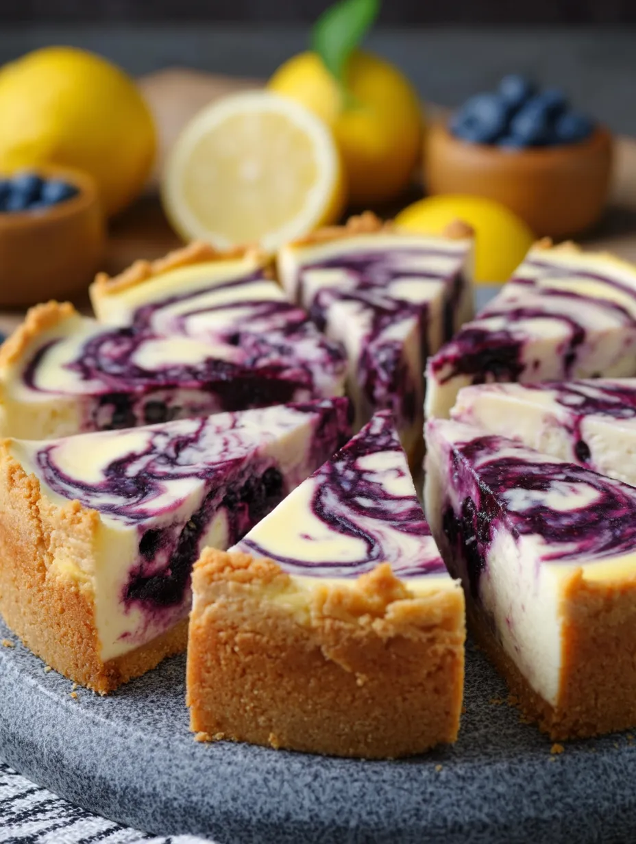 A slice of cake with blueberries and lemon on the side.