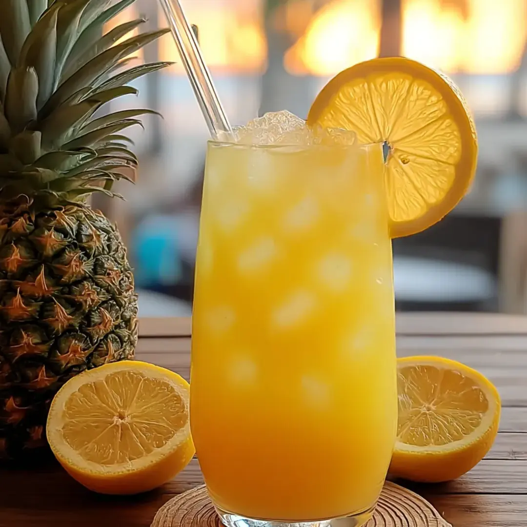 Bright orange punch with lemon slices sitting on a coaster.