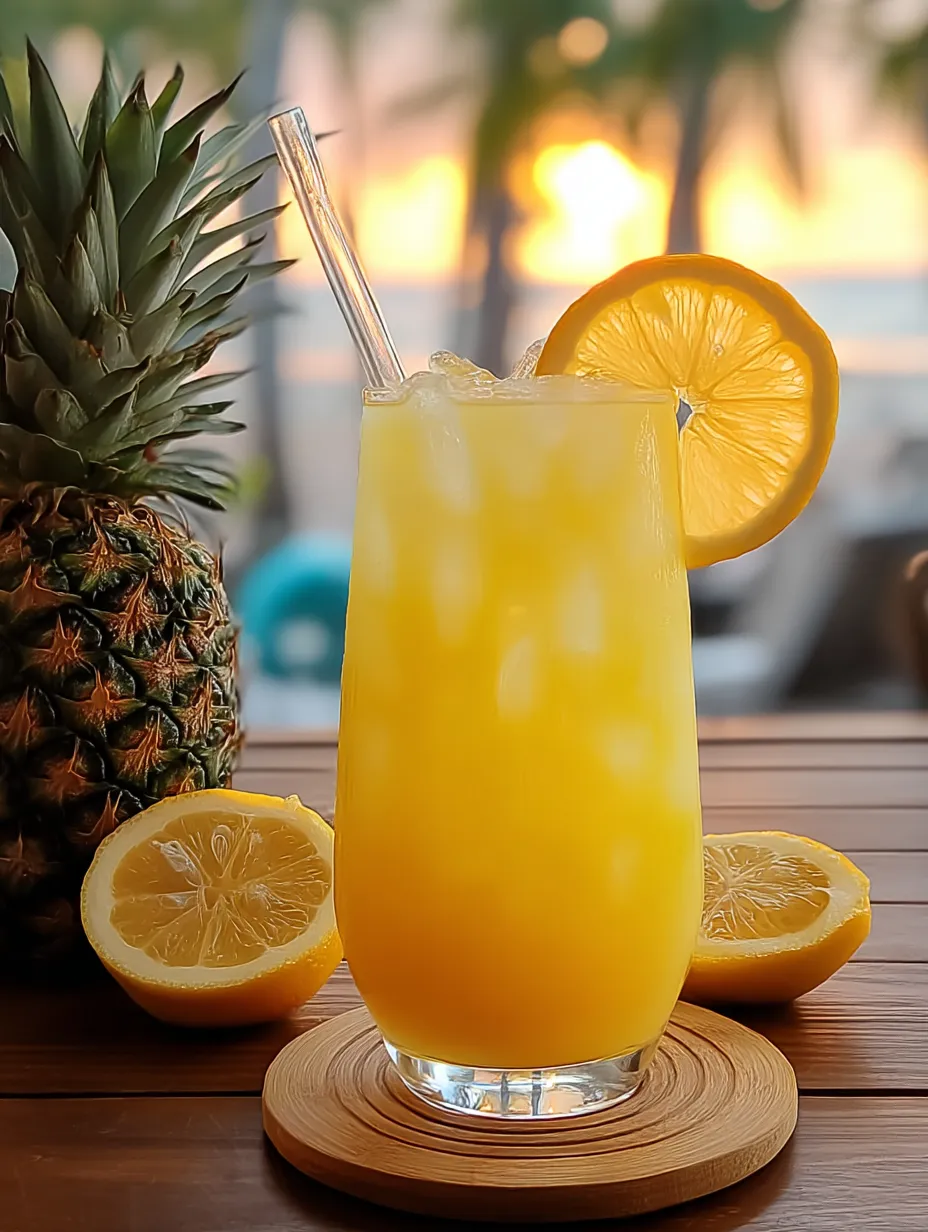 Glass filled with orange punch and a lemon slice perched on the rim.
