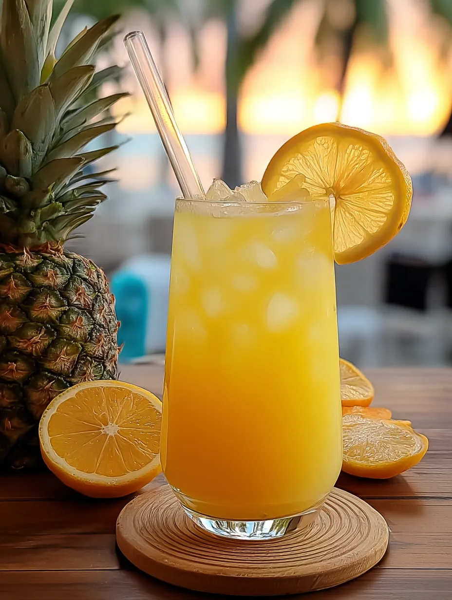 Punch in a glass, straw poking out, with a lemon slice topping it off.