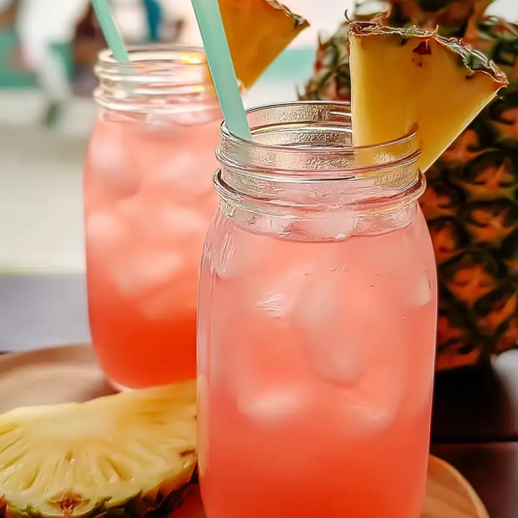 Two glasses with pink lemonade and pineapple wedges inside.