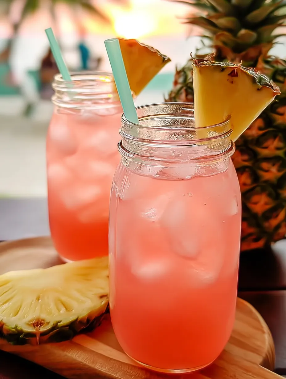 Tall glasses of fizzy pink lemonade with pineapple on the rim.